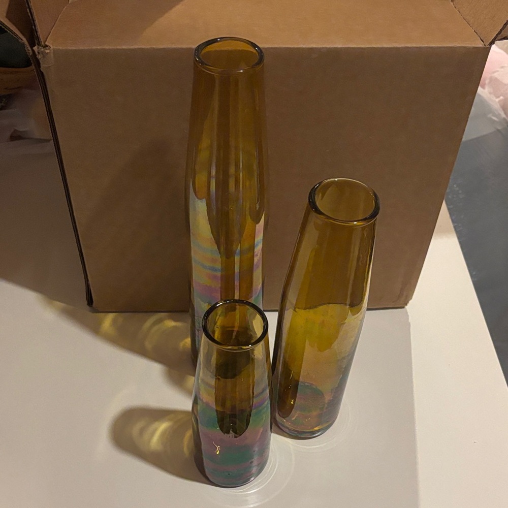 Home Interiors Amber Iridescent Glass Vase Trio